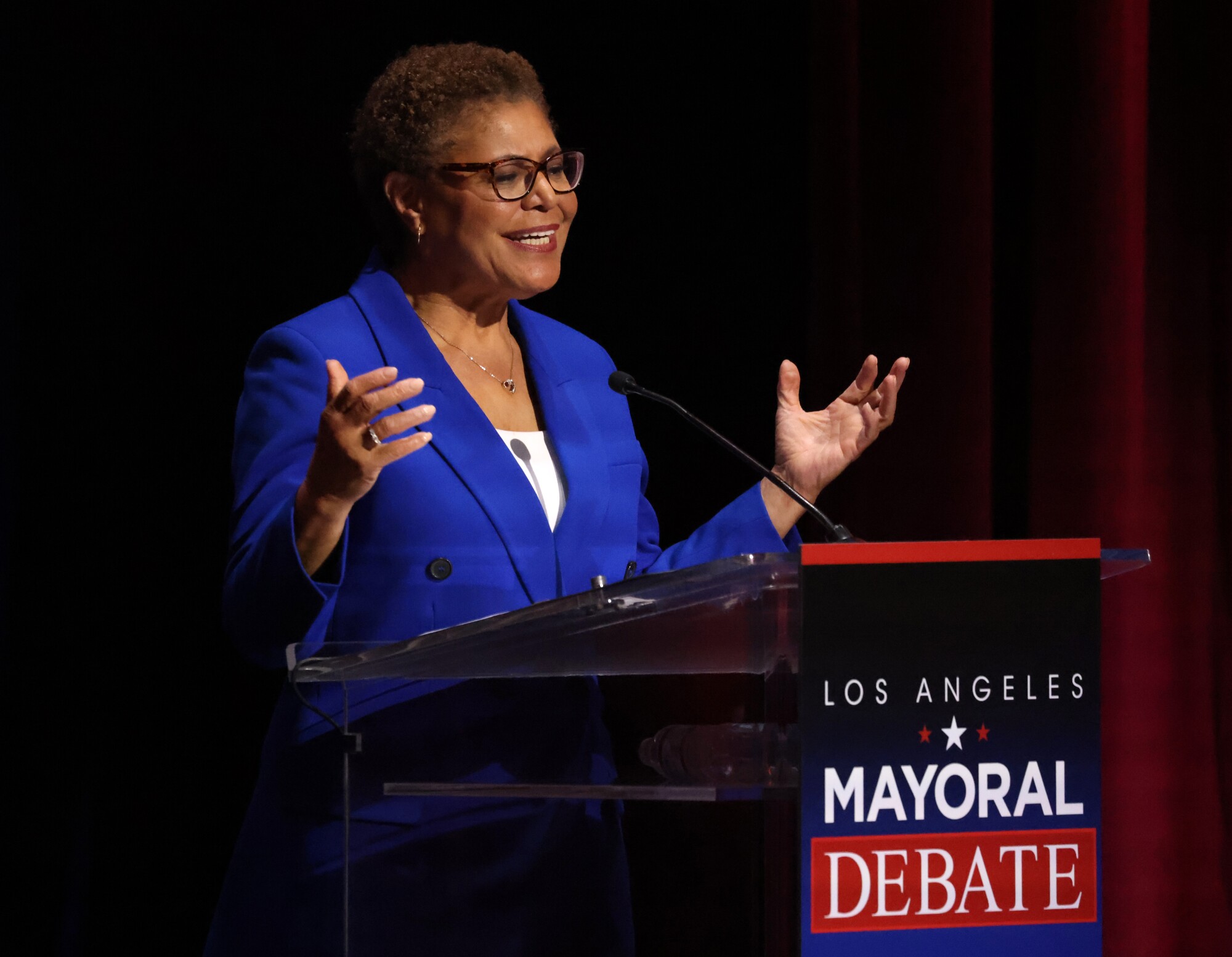 Rep. Karen Bass speaks about the homelessness issue during the candidates' debate at USC's Bovard Auditorium 