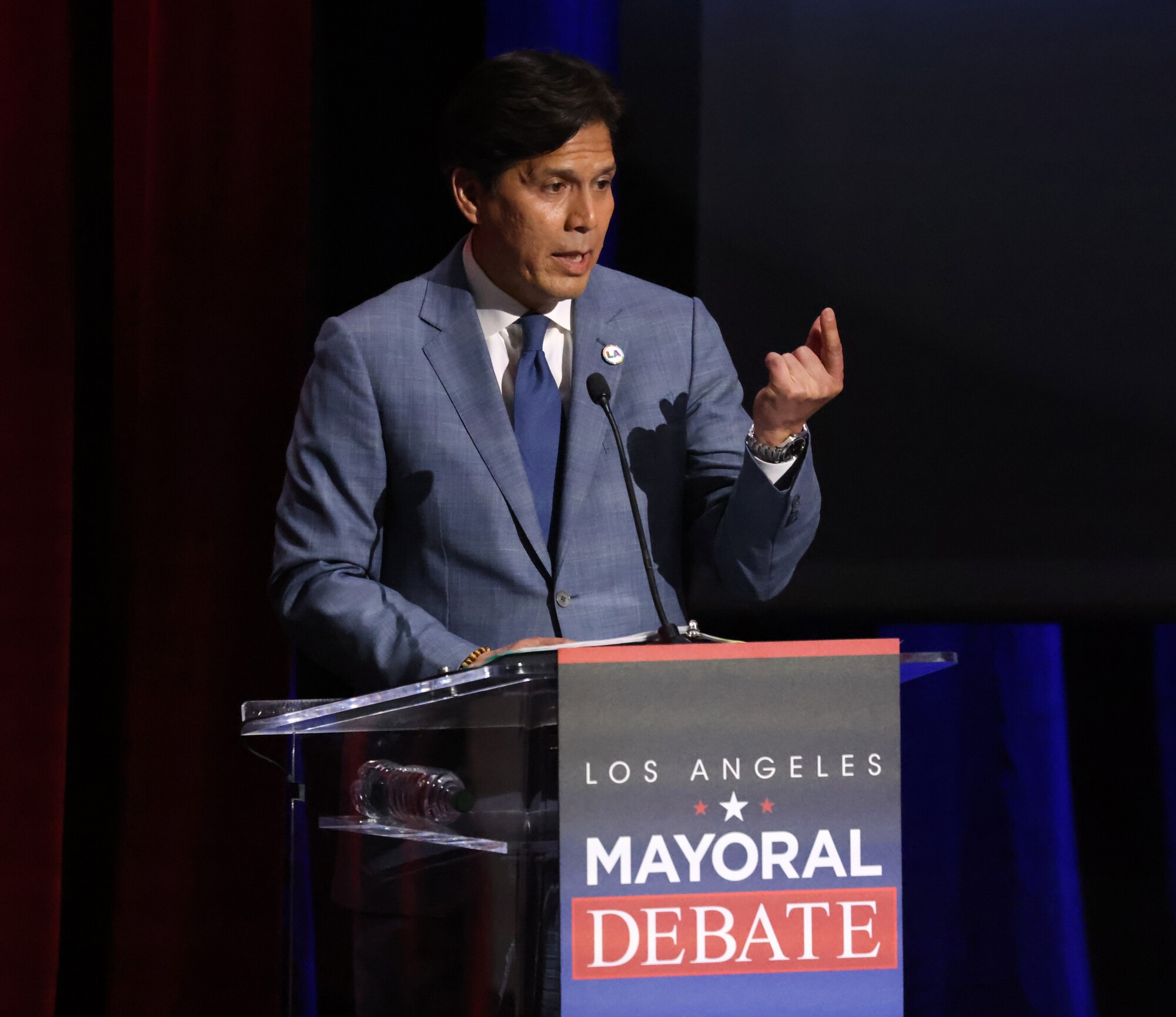 Kevin de Leon, city councilman, speaks about his plans to fight homelessness during the mayoral debates