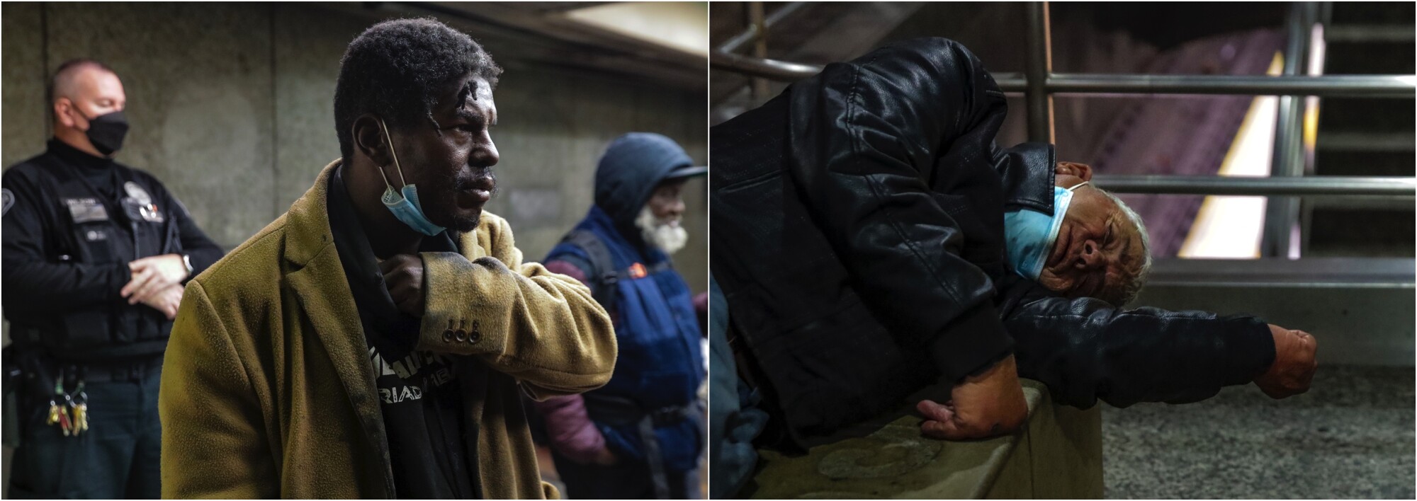 Left, a homeless man waits for gates to open. Right, a homeless man sleeps 
