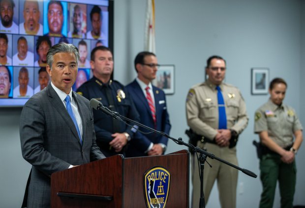 State Attorney General Rob Bonta speaks about gang takedowns, weapons...