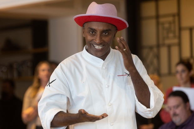 Chef Marcus Samuelsson speaks during a tasting at The London...
