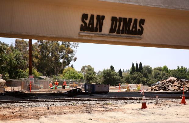 Construction continues at the San Dimas Gold Line (L-Line) overpass,...