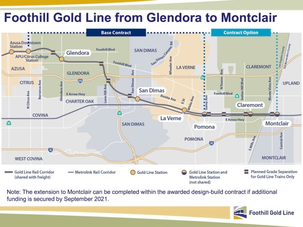 Gold Line Foothill Extension approved to Pomona. To get to Claremont and Montclair, more funding is needed. State lawmakers who urged the governor and the state budget committees to fund the extension using state surplus dollars were disappointed on Sept. 9, 2021 when no bill was passed. But they will try again in 2022 when another state surplus emerges. Ed Reece of Claremont just took the helm as chairman of the Gold Line Construction Authority. His city, along with Montclair and the Construction Authority, sent letters in February 2022 to the governor and state lawmakers to ask for funding to complete the last leg and reach into San Bernardino County. (courtesy Metro Gold Line Foothill Extension Construction Authority).