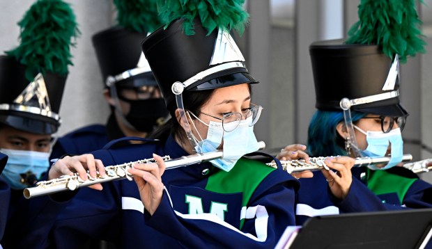 MaCES Magnet School band performs as LAUSD's new superintendent Alberto Carvalho visits in Maywood on Wednesday, February 16, 2022. (Photo by Keith Birmingham, Pasadena Star-News/ SCNG)