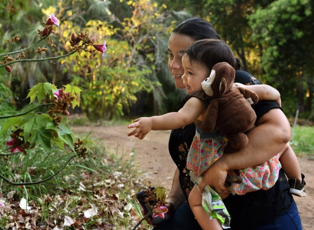 Alma Falconer-Ruiz and her 18-month-old daughter, Katarina, look at a...