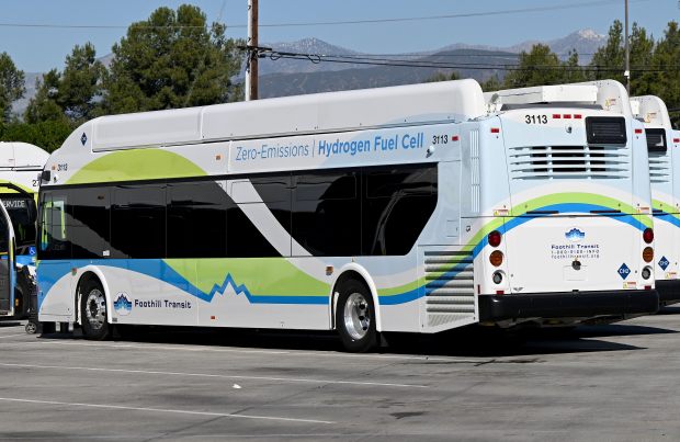 A new hydrogen-powered Foothill Transit bus sits in the company’s...