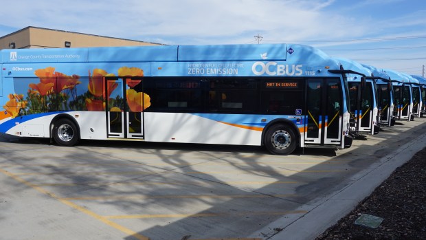 Hydrogen fuel-cell buses line up in Santa Ana facility of OCTA. The Orange County Transportation Authority is the first to operate hydrogen-powered buses in Southern California (photo courtesy of OCTA).